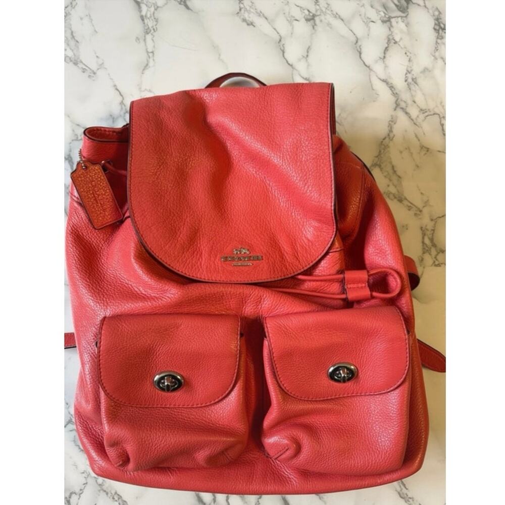 Coach Billie Backpack Coral Red Pebbled Leather Turnlock Rucksack F37410
